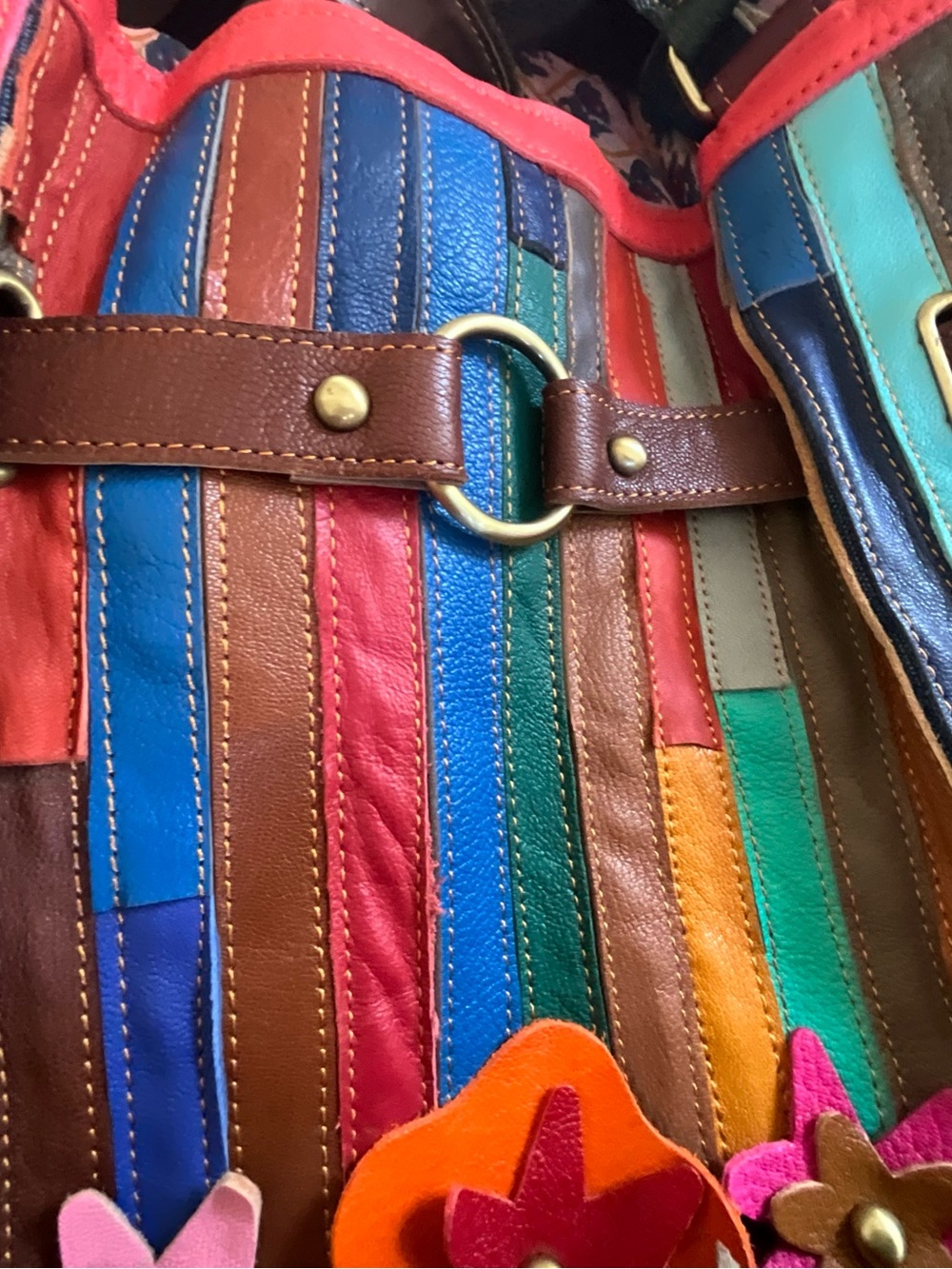 Gorgeous large Multicolor Striped Leather Tote with Floral Appliqués - Picture 2 of 8